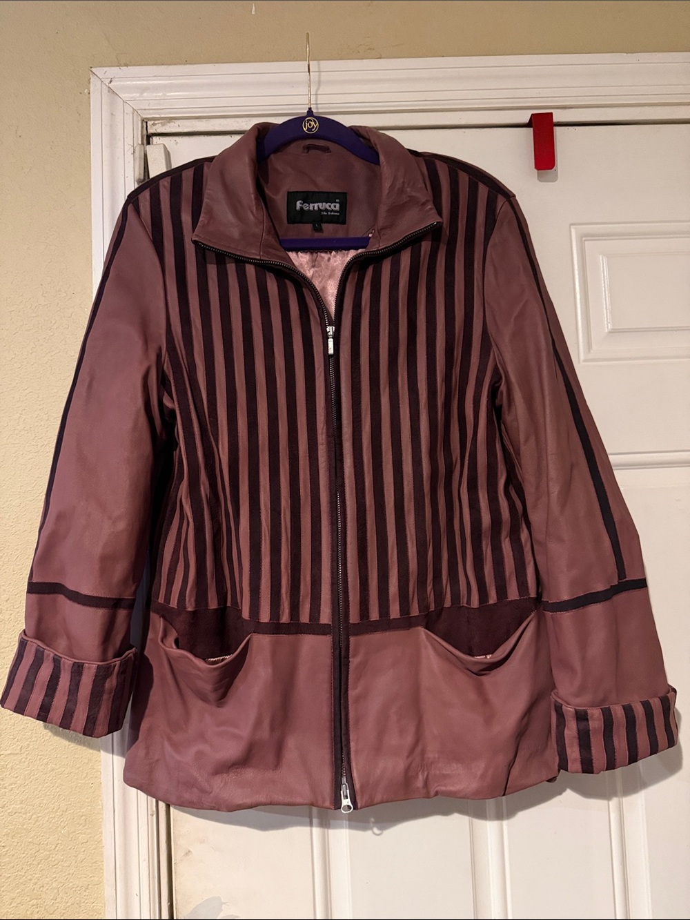 Vintage Ferrucci Mauve Lambskin Leather with Burgundy Striped Suede Jacket